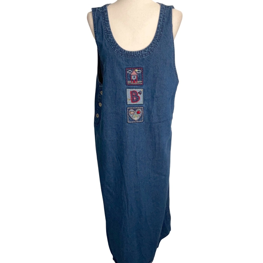 White Stag Jumper Dress Womens L 12/14 Blue Embroidery Denim Maxi Modest Teacher
